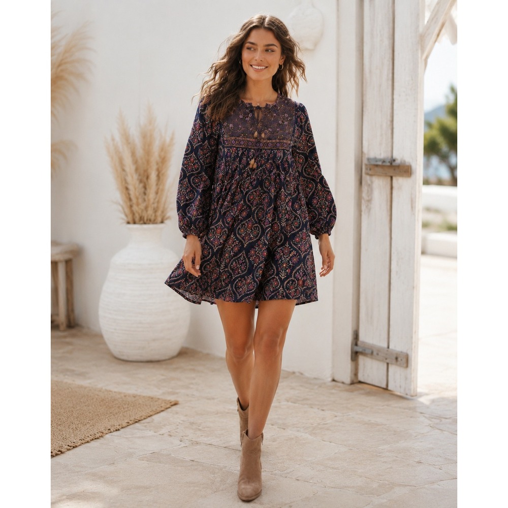 Natural Life Rayon Tie Neck Floral Tunic Dress Navy Pink XS Boho-chic revival